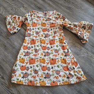 3T Girls Pumpkin Print Bell Sleeve Dress - Orange & Cream